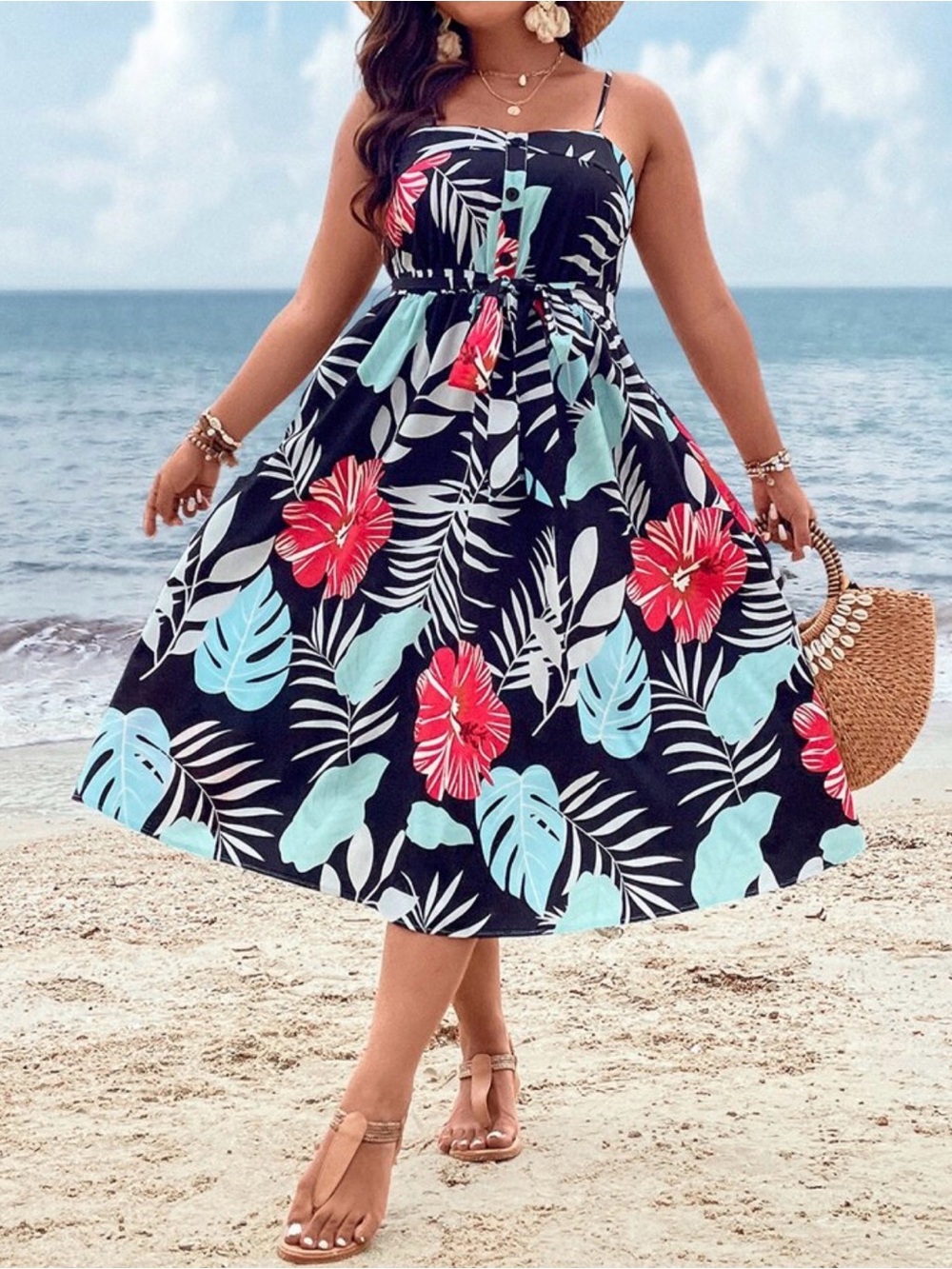 SHEIN Black Maxi Dress with Red & Light Blue Tropical Print
